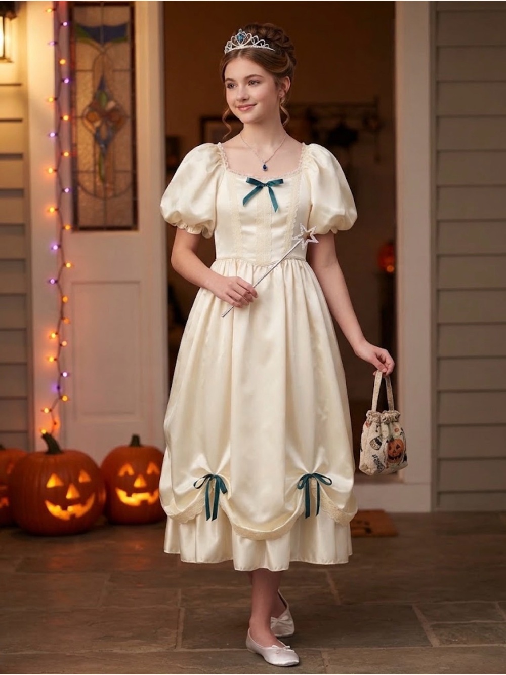Vintage Kids Cream Satin Puff Sleeve Dress Costume Cottagecore Prairie Coquette